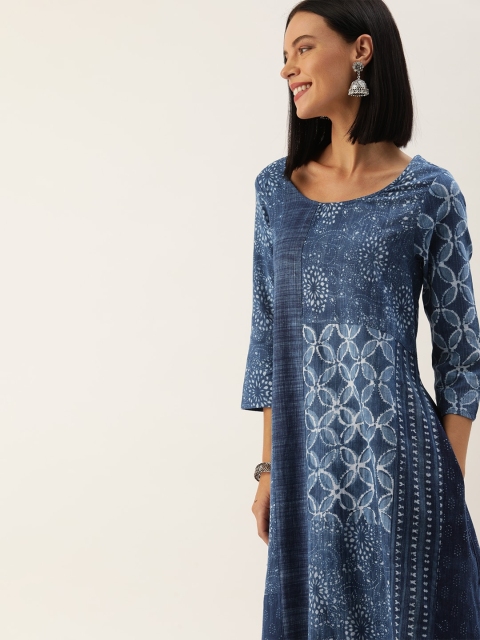 

Taavi Women Blue Indigo Dyed & Hand Block Print Patchwork A-Line Sustainable Kurta with Pockets, Navy blue
