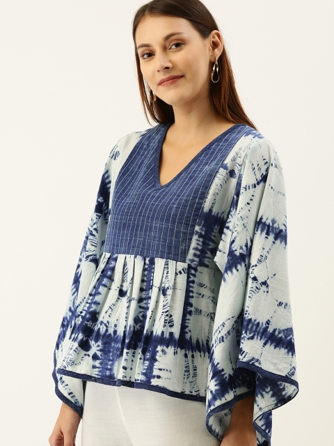 

Taavi Women Blue & White Indigo Dyed Anti-Fit Kimono Pure Cotton Top with Contrast Pleated Yoke, Navy blue