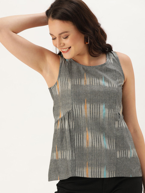 

Taavi Women Grey & White Woven Design Ikat Sustainable Pure Cotton Top with Gathers