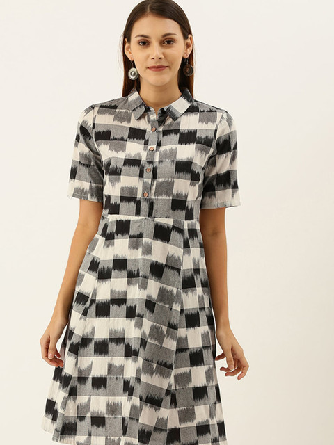 

Taavi Women Off White & Grey Checked Woven Legacy A-Line Sustainable Dress