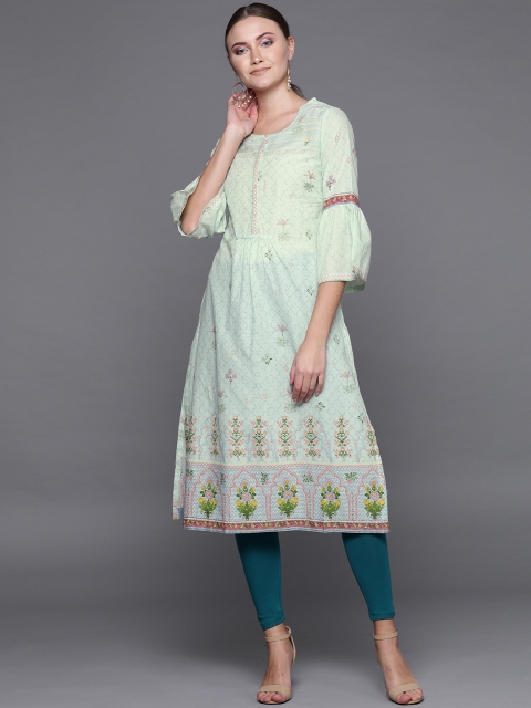Women Green & Pink Printed A-Line Kurta
