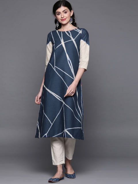 

Biba Women Navy Blue & Off-White Leheriya Print A-Line Kurta