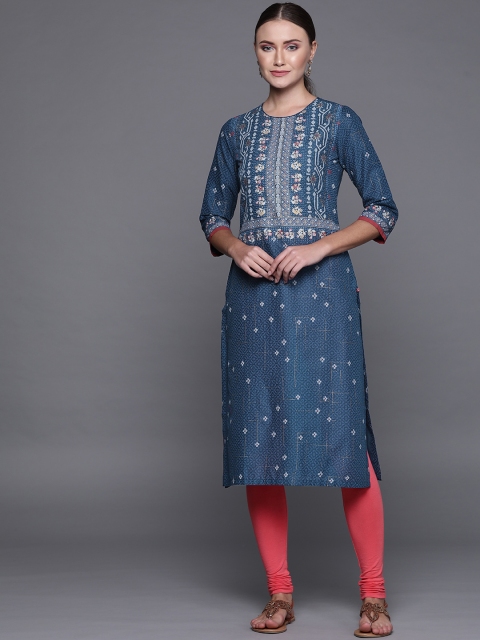 

Biba Women Navy Blue & Off-White Printed Straight Kurta