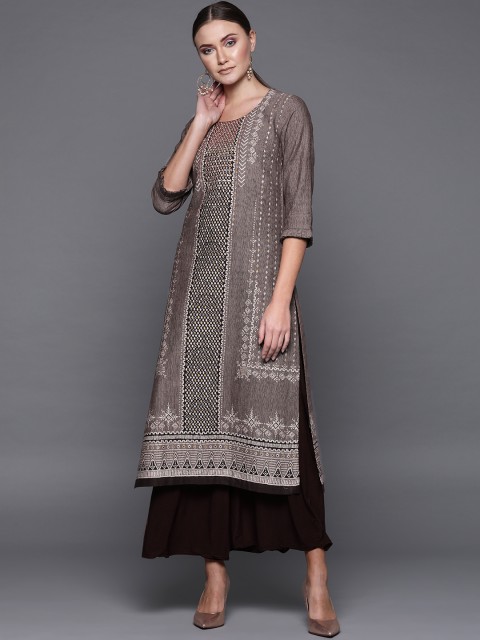 

Biba Women Taupe & Brown Printed Straight Kurta