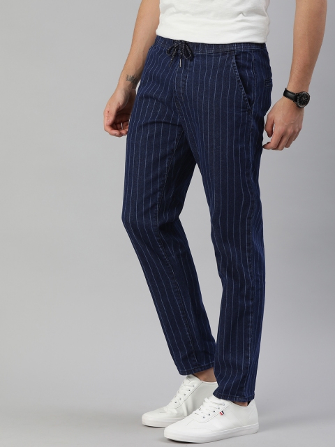 

Mast & Harbour Men Navy Blue Carrot Regular Fit Striped Denim Trousers