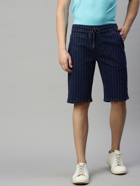 

Mast & Harbour Men Navy Blue Striped Slim Fit Denim Shorts
