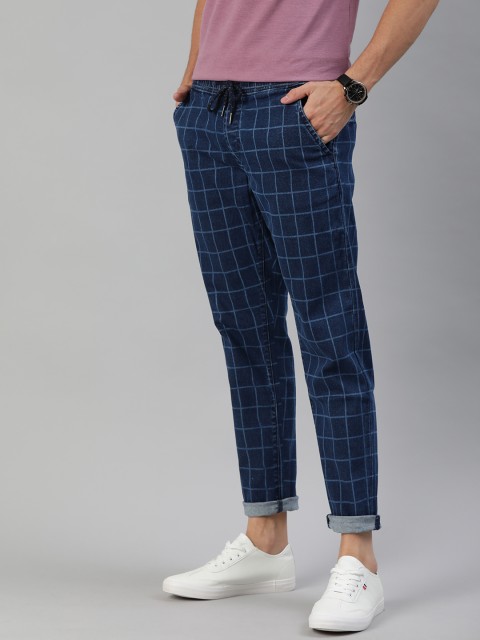 

Mast & Harbour Men Navy Blue Carrot Regular Fit Checked Denim Trousers