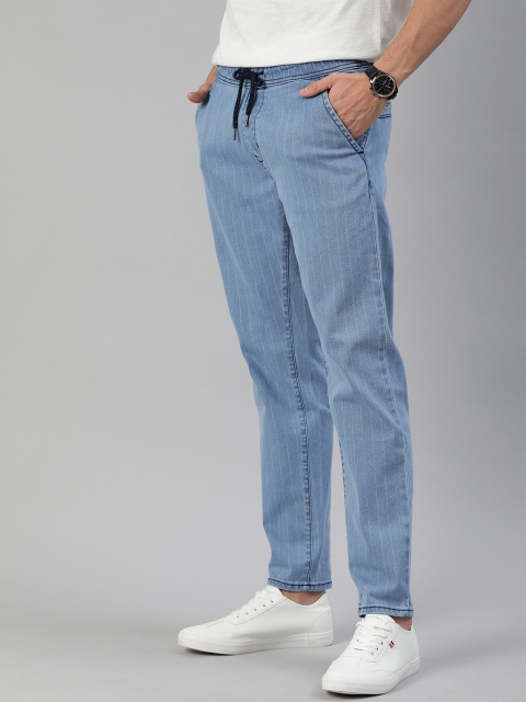 

Mast & Harbour Men Blue Carrot Regular Fit Striped Denim Trousers
