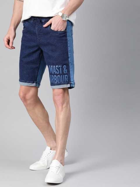 

Mast & Harbour Men Blue Colourblocked Slim Fit Denim Shorts with Print Detail