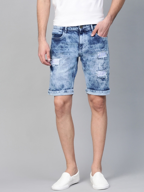 

Mast & Harbour Men Blue Acid Wash Distressed Regular Fit Denim Shorts