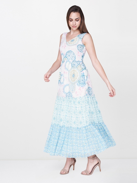 

AND Women White & Blue Printed Maxi Dress