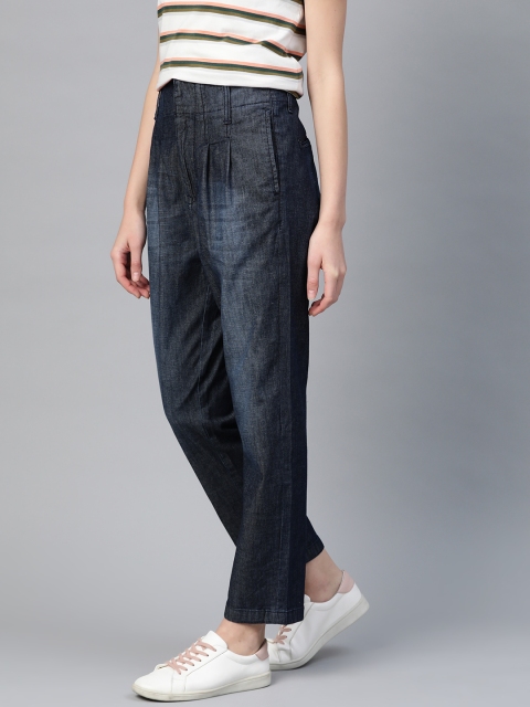 

Mast & Harbour Women Navy Blue Regular Fit High-Rise Chambray Washed Trousers