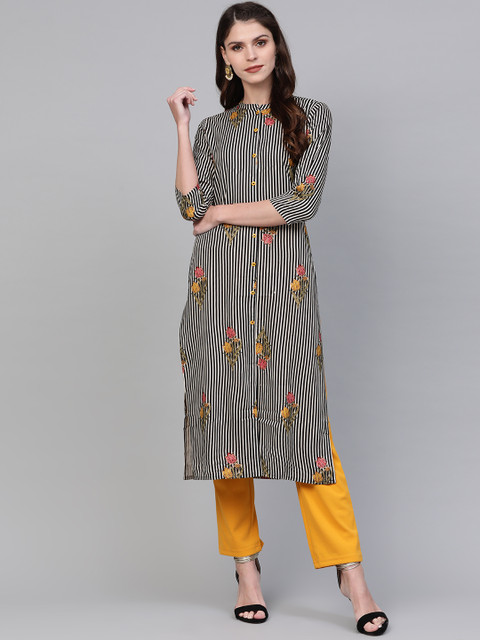 

AHIKA Women Black & Off-White Striped Straight Kurta