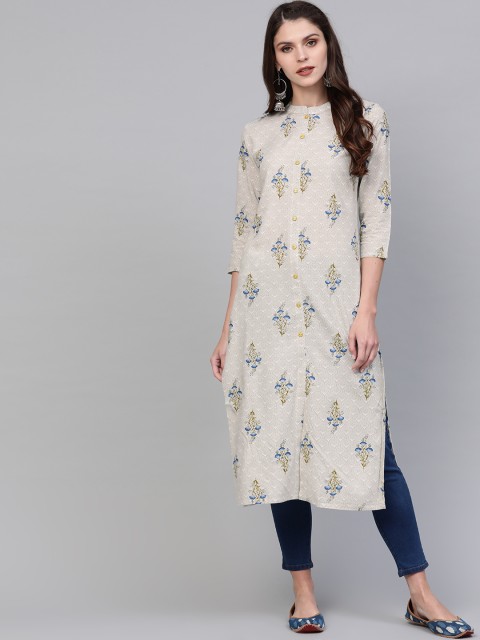 

AHIKA Women Grey & Blue Printed Straight Kurta