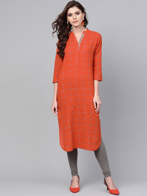 

AHIKA Women Rust Orange & Grey Checked Straight Kurta