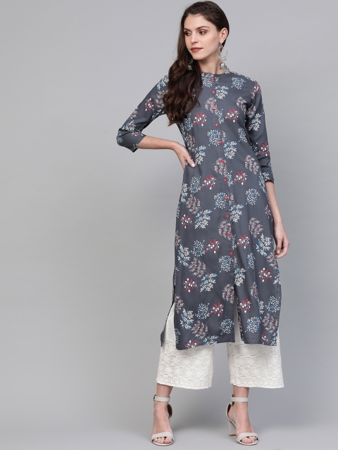 

AHIKA Women Charcoal Grey & White Printed Straight Kurta