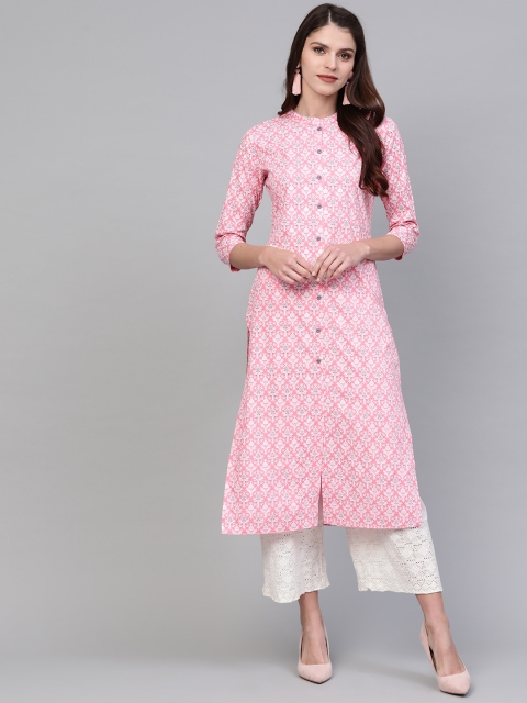 

AHIKA Women Pink & Silver Printed Straight Kurta