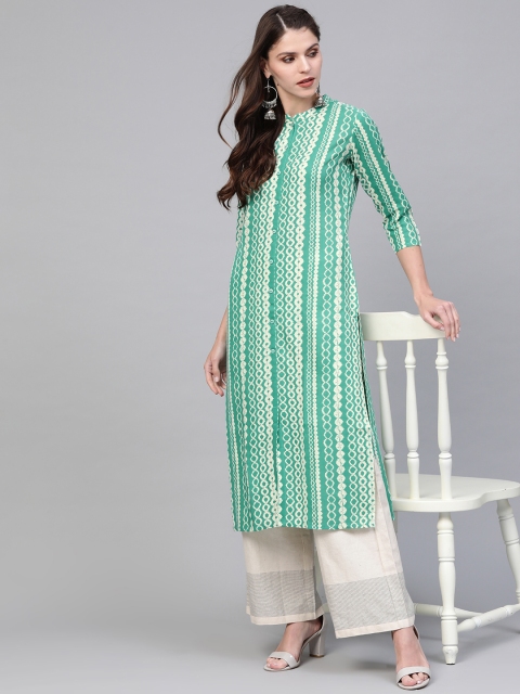 

AHIKA Women Green & Off-White Printed Straight Kurta