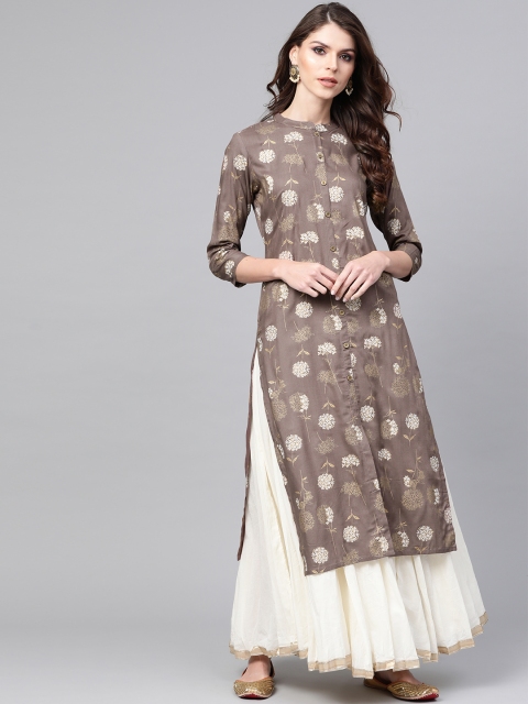 

AHIKA Women Taupe & Off-White Printed Straight Kurta