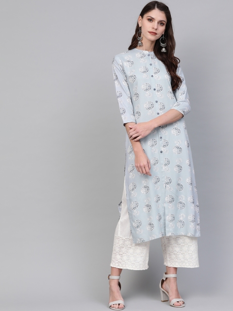 

AHIKA Women Grey & Off-White Printed Straight Kurta, Blue