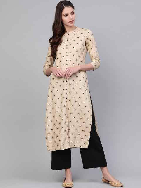 

AHIKA Women Cream-Coloured & Navy Blue Printed Straight Kurta
