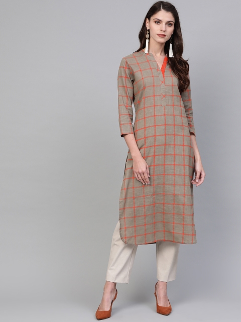 

AHIKA Women Taupe & Orange Checked Straight Kurta