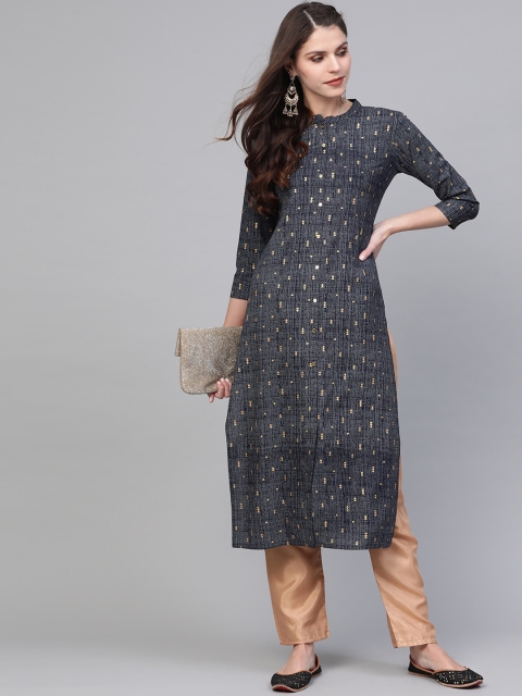 

AHIKA Women Navy Blue & Grey Printed Straight Kurta