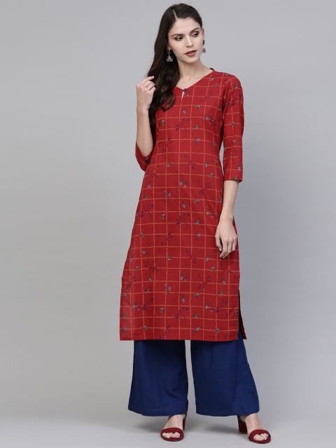 

AHIKA Women Maroon & Blue Printed Straight Kurta