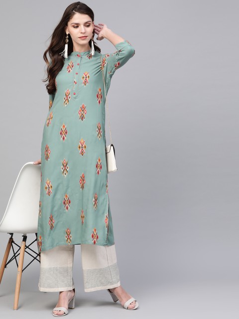 

AHIKA Women Green & Mustard Yellow Printed Straight Kurta