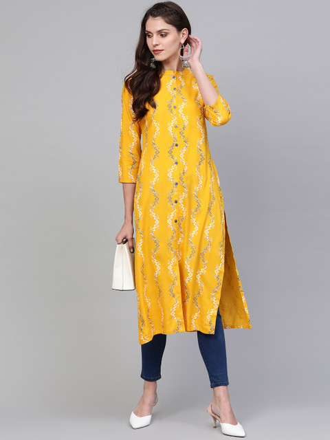 

AHIKA Women Yellow & Grey Printed Straight Kurta