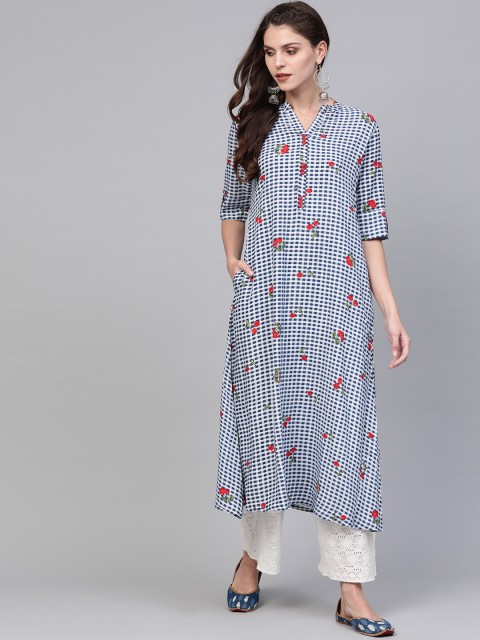 

AHIKA Women Navy Blue & White Checked A-Line Kurta