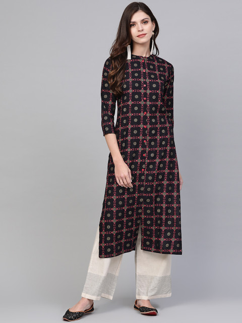 

AHIKA Women Navy Blue & Pink Printed Straight Kurta