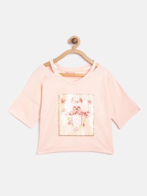

Natilene Girls Peach-Coloured Sequinned Pure Cotton Top