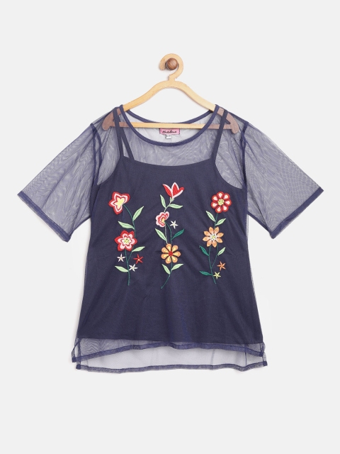

Natilene Girls Navy Blue Floral Embroidered Sheer Net Top with Camisole