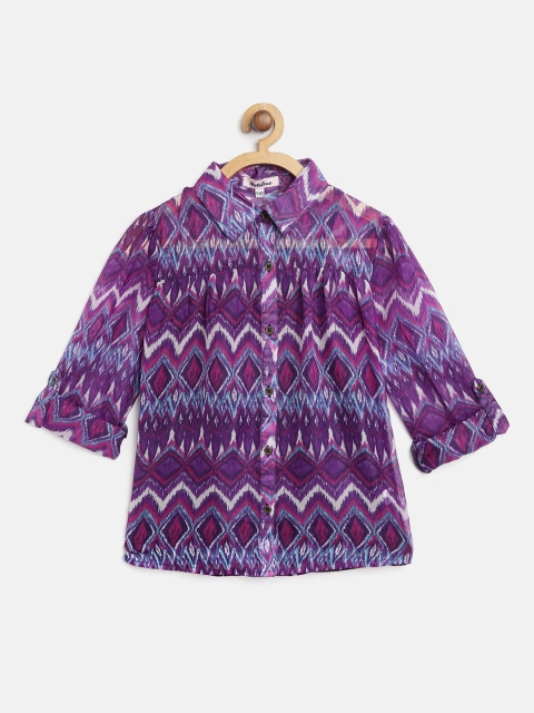 

Natilene Girls Purple & Blue Regular Fit Printed Casual Shirt with Camisole