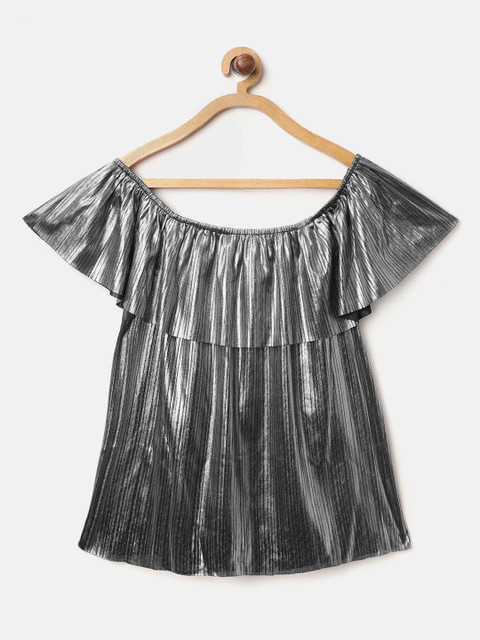 

Natilene Girls Gunmetal-Toned Striped Bardot Top with Sheen Effect, Metallic