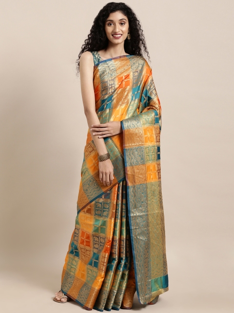 

Saree Swarg Mustard Yellow & Green Silk Blend Woven Design Banarasi Saree