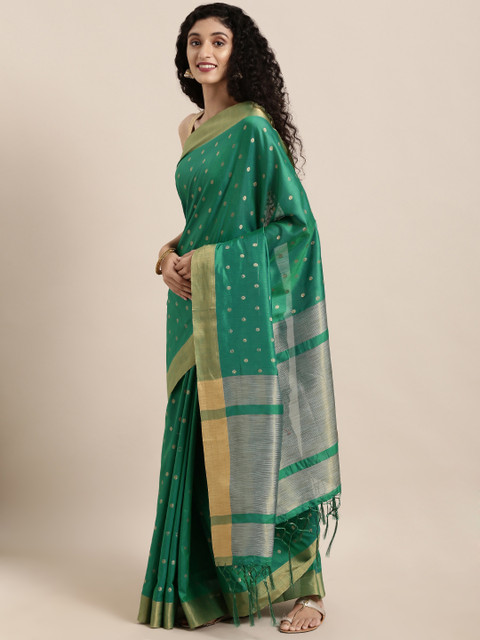 

Saree Swarg Green & Gold-Toned Silk Blend Woven Design Banarasi Saree