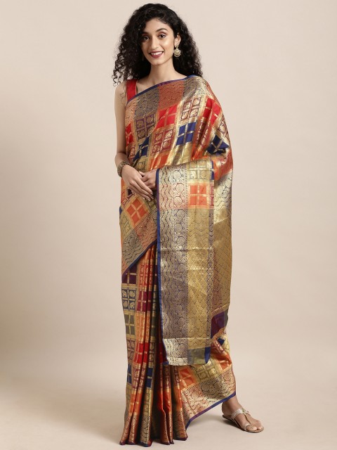 

Saree Swarg Red & Navy Blue Silk Blend Woven Design Banarasi Saree
