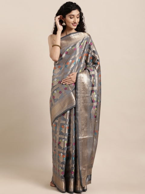 

Saree Swarg Charcoal Grey & Gold-Toned Silk Blend Woven Design Banarasi Saree