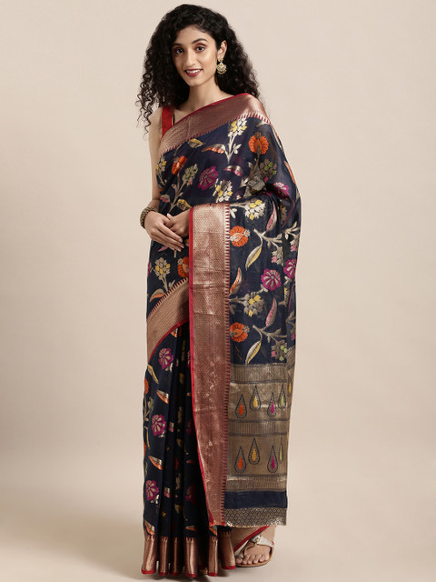 

Saree Swarg Navy Blue & Gold-Toned Silk Blend Woven Design Banarasi Saree