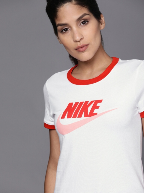 

Nike Women White Printed Standard Fit NSW Futura Ringer Sports Pure Cotton T-shirt