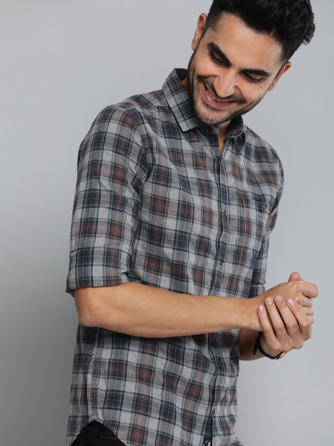 

The Humbl Co. Men Grey & Navy Blue Slim Fit Checked Casual Shirt