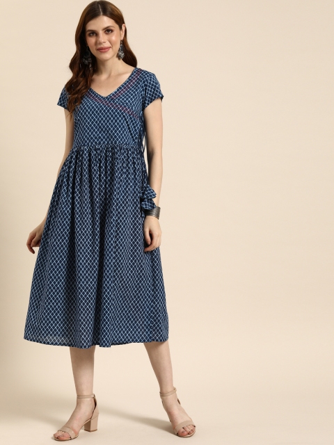 

IMARA Women Navy Blue Printed Fit and Flare Dress