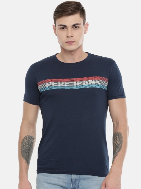 

Pepe Jeans Men Navy Blue Slim Fit Printed Round Neck Pure Cotton T-shirt