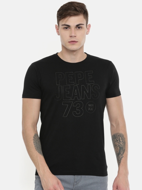 

Pepe Jeans Men Black Printed Round Neck Slim Fit Pure Cotton T-shirt