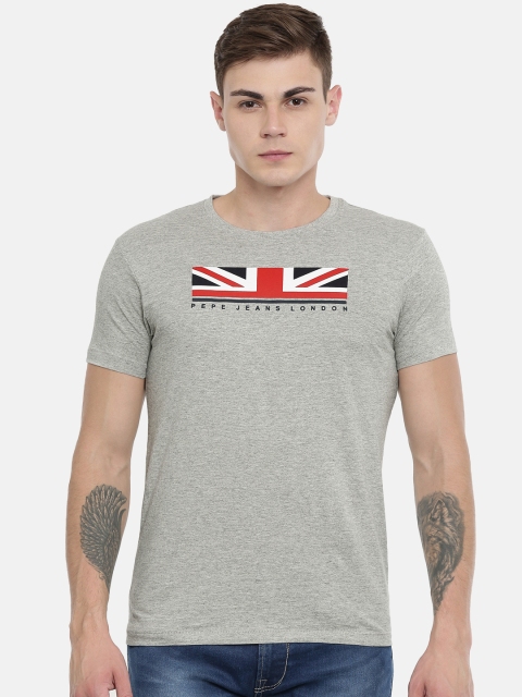 

Pepe Jeans Men Grey Melange Slim Fit Solid Round Neck T-shirt With Printed Detailing