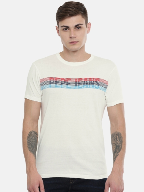 

Pepe Jeans Men White Printed Round Neck Slim Fit Pure Cotton T-shirt
