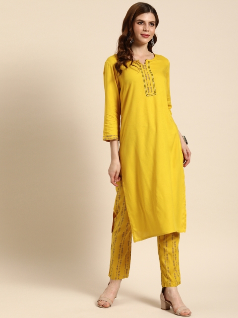 

IMARA Women Mustard Yellow Solid Kurta Set With Embroidered Detailing