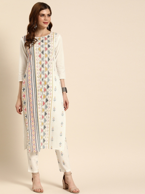 

IMARA Women White & Navy Blue Printed Kurta with Trousers